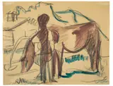 Bauer mit Kuh vor Landschaft (Stafelalp) by Ernst Ludwig Kirchner, Um 1920, Aquarell und Kreide auf Papier, sold Jun 2012