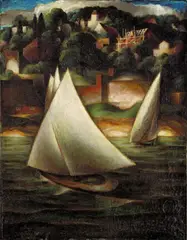 Arnold Schmidt-Niechciol, Kreuzende Segelboote vor hohem Ufer, 1924, Öl auf Leinwand