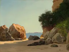 Dänisch, um 1840, Felsen am Meer mit Durchblick auf eine Stadt, Öl auf Papier, auf Pappe aufgezogen