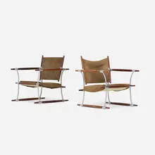 Stokke lounge chairs, pair by Jens Quistgaard, 1960, rosewood, chrome-plated steel, suede, sold Jul 2020