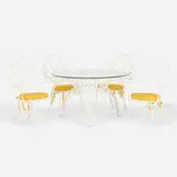 Mathieu Matégot, dining suite, c. 1960, enameled metal, glass, upholstery, painted rattan