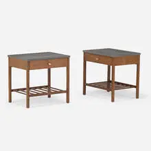 Stanley, end tables, pair, c. 1955, walnut, granite, metal