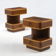 nightstands, pair by Andrew Szoeke, c. 1950, avodire, burl walnut, sold Oct 2006