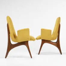 armchairs model #176/E, pair by Vladimir Kagan, c. 1959, walnut, upholstery, sold Oct 2006
