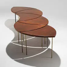Peter Hvidt, tables, set of six model #523, c. 1960, teak, brass