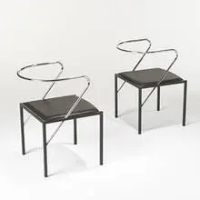 F. Carlton Ball, Apple Honey chairs, pair, 1986, chrome-plated steel, enameled metal, leather