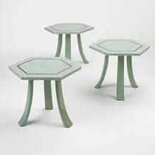 Harvey Probber, occasional tables, set of three, c. 1960, terrazzo, mahogany, brass