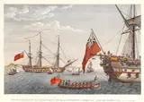 Jean-Jérôme Baugean, Transfèrement de Bonaparte du Bellérophon à bord du Northumberland, Le 8 Aout 1815., Engraving with hand-colouring, circa 1815, on wove