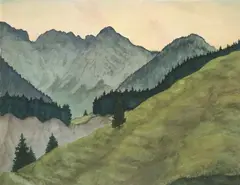 Christian Schad, Berglandschaft mit Tannen, Um 1935, Aquarell auf leichtem Karton