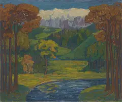 Walter Helbig, Weite Landschaft mit Schneebergen, 1908, Öl auf Leinwand