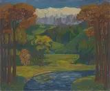Walter Helbig, Weite Landschaft mit Schneebergen, 1908, Öl auf Leinwand