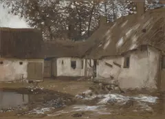 Franz Skarbina, Hof einer Ferme (Picardie). Sonntagsruhe, 1888, Aquarell, Deckweiß und Kohle auf braunem Tonpapier