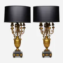 Ferdinand Barbedienne, candelabra lamps, pair, c. 1880, bronze, slate, paper, milk glass