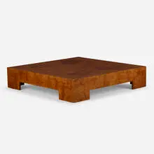 low coffee table by Milo Baughman, c. 1970, burlwood, sold Jul 2020