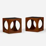 occasional tables, pair by Lane Furniture, 1970, stained and enameled walnut, smoked glass, sold Jul 2020