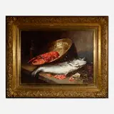 Untitled (still life with fish and lobster) by Guillaume Romain Fouace, oil on canvas, sold Jun 2020