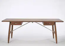 desk, model #AT 325 A by Hans J. Wegner, 1954, teak, chrome-plated steel, chrome-plated brass, sold Oct 2006