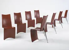 Ed Archer chairs, set of eight by Philippe Starck, 1987, leather, aluminum, sold Oct 2006