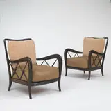 attribution Paolo Buffa, lounge chairs, pair, c. 1940, mahogany, leather, upholstery