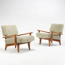 lounge chairs, pair by Paul Laszlo, c. 1950, bleached mahogany, upholstery, sold Oct 2006