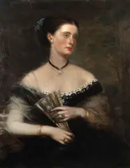 Richard Buckner, Portrait of a lady holding an oriental fan in a landscape, oil on canvas