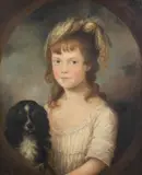 Bt. Sir Nathaniel Dance Holland, Portrait of a girl, said to be Miss Haverford, with her dog, within a painted oval, oil on canvas