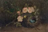 Still life of dog roses and a bird's nest by English School, oil on canvas, sold Oct 2021