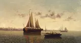 Shipping in calm waters by Continental School, oil on canvas, sold Oct 2021