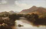 A fisherman and other figures by a river bank before a mountainous landscape by English School, oil on canvas, offered Oct 2021