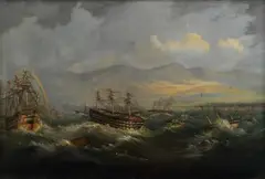 Lt. John Frederick Warre, Very heavy swells causing trouble for ships off a coast, oil on canvas