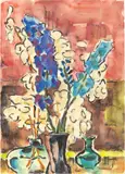 Karl Schmidt-Rottluff, Rittersporn und Judassilberlinge, 1968, Aquarell und Tuschpinsel auf Velin