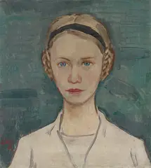 Karl Hofer, Mädchenbildnis mit aufgesteckten Zöpfen, Um 1936, Öl auf Leinwand