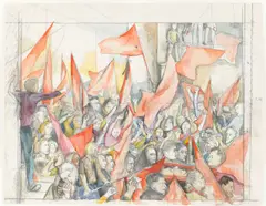 Renato Guttuso, Funerali di Togliatti (bozzetto), 1972, Aquarell und Bleistift auf Papier