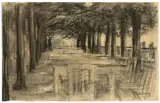 Max Liebermann, Die Lindenterrasse des Restaurants Jacob, Hamburg, 1902, Kreide auf Velin, die Sonnenflecken gekratzt