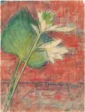 Herzblattlilien auf rotem Grund by Christian Rohlfs, 1934, Wassertempera, Farbkreide und Bleistift auf genarbtem Fabriano-Velin, sold Jun 2023