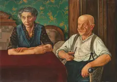 Ernst Hugo Holzhäuser, Mutter und Vater Biegel, 1932, Öl auf Sperrholz