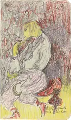 Else Lasker-Schüler, Jussuf spielt mit der Rose, 1916, Farbstifte, Farbkreide und etwas Goldmetallfolie über Bleistift und Feder in Schwarz auf Papier (aus einem Skizzenblock)