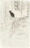 August Macke, Schwarzer Kater auf Zaun, 1909, Kohle auf kariertem Papier (aus einem Skizzenbuch)