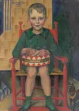 August Heitmüller, Junge mit Blechtrommel, 1923, Öl und Blattgold auf Leinwand