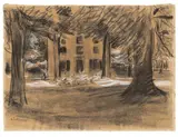 Max Liebermann, Haus hinter Bäumen – Die Villa Oud-Bussem in Huizen, 1901, Kreide, weiß gehöht, auf Papier, auf Karton aufgezogen