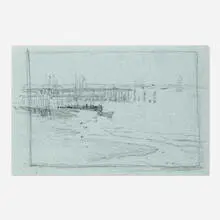 Edward Henry Potthast, Dock with Sailboat, graphite on blue paper