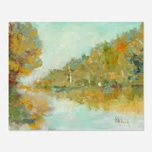 Evelyn Faherty, Untitled (river scene), oil on Masonite