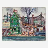 Arthur Meltzer, Shopkeeper and Her Cats, oil on canvas board