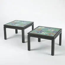occasional tables, pair by Harvey Probber, c. 1970, mahogany, fire-enameled copper, sold Oct 2006