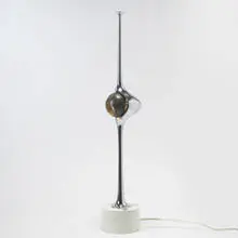 Angelo Lelli, Cobra table lamp, 1964, brass, glass, enameled metal