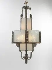 chandelier by Art Déco, c. 1940, nickel-plated brass, etched glass, white glass, sold Oct 2006