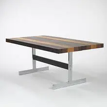 Milo Baughman, dining table, c. 1960, walnut, ash, rosewood, chrome-plated and enameled steel