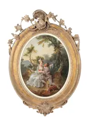 French School, Elegant couples in landscapes, oil on canvas, ovals