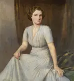 Bertram Priestman, Portrait of a lady, seated, in a blue dress, oil on canvas