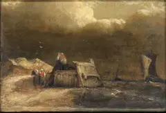 Coastal scene with boats and figures by Rsa John Wilson, oil on panel, offered Oct 2021